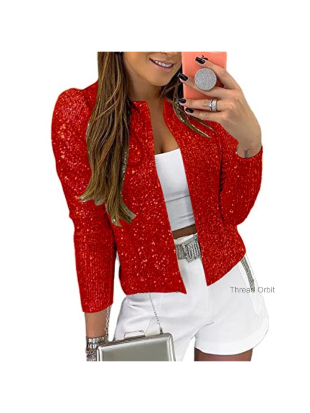 Women Sequin Jacket Open Front Long Sleeve Crop Casual Coat